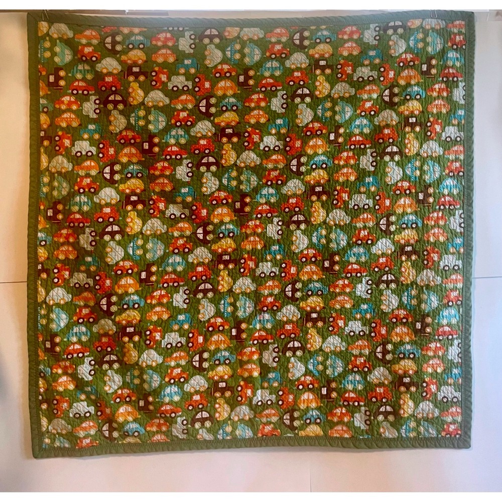 Handmade Chenille Quilt Blanket-37x37in-Cars & Trucks-Channel Seaming-Green Trim